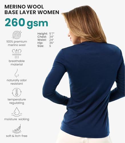 Image of Merino Wool Base Layer Women - 100% Merino Wool Shirt Women Thermal Underwear Long Sleeve T-Shirt for Hiking