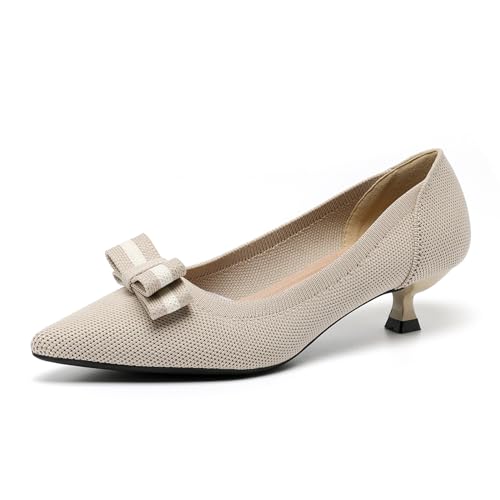 Women's Knitted Kitten Low Heels with Bow Pointed Closed Toe Slip On Comfort Pumps Casual Work Office Dress Shoes