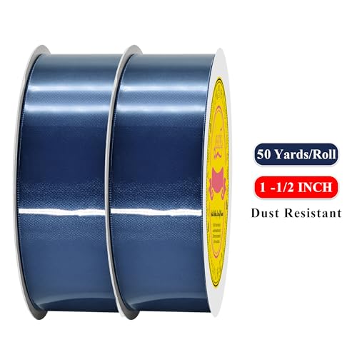 Image of 100 Yards Navy Blue Satin Ribbon Polyester Ribbon for Gift Wrapping Very Suitable for Weddings Party Hair Bow Invitation Decorations and More（1-1 /2 inch X 50Yards X 2 Roll）