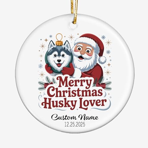 Husky Lover Personalized Christmas Ceramic Ornament – Custom Name&Date Round Holiday Decoration – Unique Profession&Location Themed Xmas Gift for Families, Travelers, Workers & Friends hocumJ