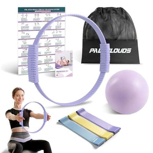 Paleclouds - Pilates Ring Set, Pilates Equipment Kit with Magic Circle, Yoga Ball, 3 Bands, Training Poster & Portable Bag, Double Handle Pilates Hoop for Women Home Fitness, Kegel Exercise, Arms & Legs Toning