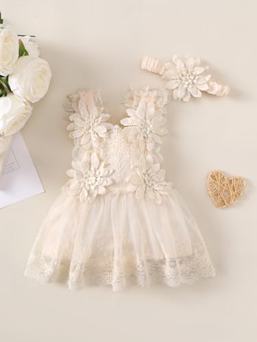 Baby Girl 1st Birthday Outfit Boho Lace Tulle Romper Cake Smash Princess Dress with Headband2