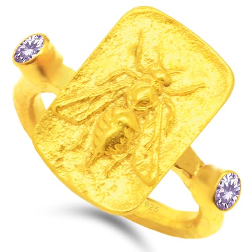Caprixus 925 Sterling Silver Signet Ring Ancient Artemis Greek Queen Honey Bee Coin 24K Gold Vermeil Diamond Cut Lavender Color Cubic Zirconia Hammered Handmade Turkish Fine Bumblebee Jewelry
