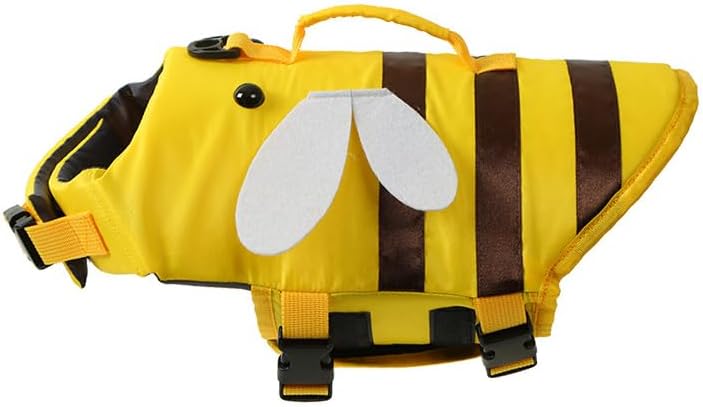 AZA Chaleco salvavidas para perros Chaleco salvavidas de tiburón con asa de rescate Disfraz de abejas lindas Traje de baño de alta flotabilidad ajustable para perros pequeños, medianos y grandes Ropa de traje de baño para niños para mascotas (XS,abejas)