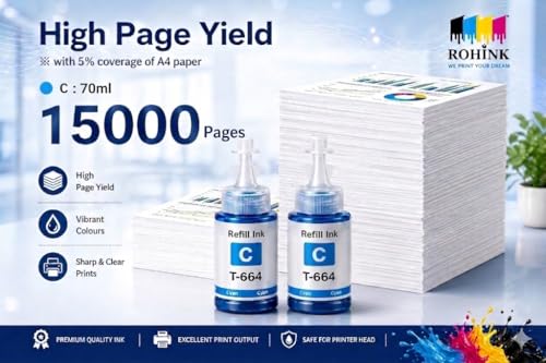 Image of ROHINK T664 Compatible Refill Ink for Epson L130, L360, L380, L361, L565, L210, L220, L310, L350, L355, L605, L1300 Printer (EPSON T664 Cyan Pack 2)