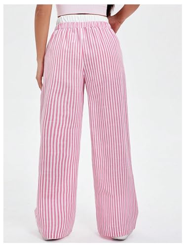 Verdusa Women's Striped Elastic High Waist Loose Wide Leg Pants with Pockets2