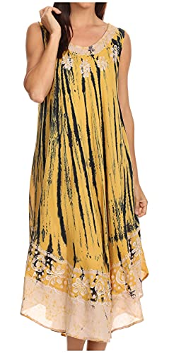 Sakkas 15009 - Alexis Embroidered Long Sleeveless Floral Caftan Dress/Cover Up - Mustard Yellow - OS