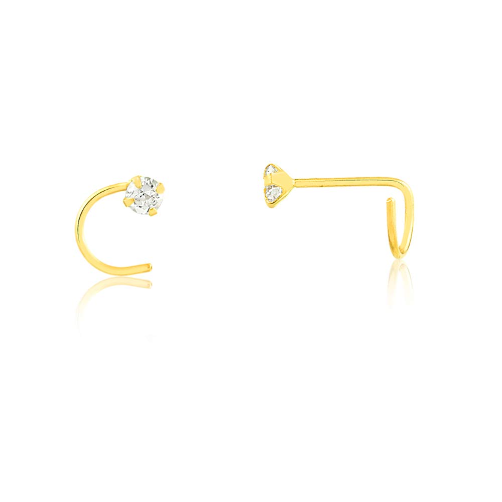 18k Solid Yellow Gold Tiny Nose Stud, Nose L Shape Synthetic Cubic Zirconia 2.5 mm Nose Body Piercing For Women Men and Teens Gauge (0.7 mm)