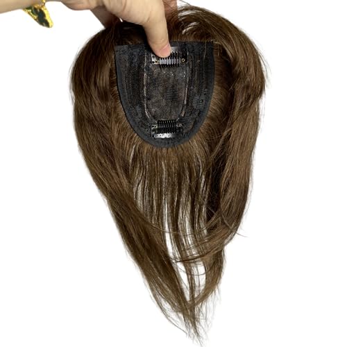 100% Human Hair Toppers Clip in Hairpieces with 3D Air Bangs Hair for Women Straight Hair Bangs Toupee Mid Part Wiglets for Mild Hair Loss (Brown) - Image 4