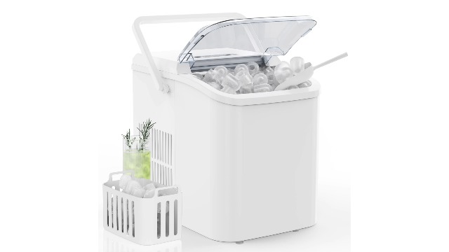 Image of DUMOS Countertop Ice Maker with Handle, 26lbs /24H, Makes 9 Bullet Cubes in 6 Mins, Auto-Cleaning, Portable Ice Machine for Home Kitchen RV Camping, Black