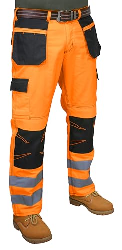 HASHOOB TRADING FZE Men’s Hi Vis Work Trousers Reflective Tape High Visibility Safety Cargo Work Trousers Multi Pocket Workwear Pants (FO2HV-OR1, 34W X 32L) Orange
