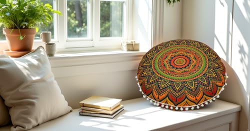 Round Mandala Floor Pillow Cover Seating Cushion Throw Case Hippie Decorative Bohemian Ottoman Pouf Cover, Pom Pom Pillow Cases,Boho Indian 22 Inches (New Blue) - Cosy Home Interiors Round Mandala Floor Pillow Cover Seating Cushion Throw Case Hippie Decorative Bohemian Ottoman Pouf Cover, Pom Pom Pillow Cases,Boho Indian 22 Inches (New Blue) - Image 8