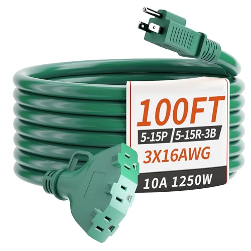 PlugSaf 100 FT 16/3 Green Outdoor Extension Cord with 3 Outlets