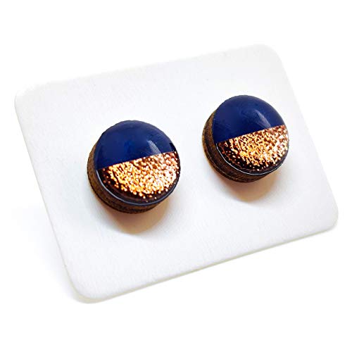 Two Toned With Faux Hammered Metal 10Mm Stud Earrings, Handmade, Posts For Sensitive Ears (Navy And Rose Gold Faux Hammered Metal) #TOP3