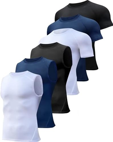 Hoplynn 6 Pack Compression Shirts And Tank Tops Men Athletic Short Sleeve/Sleeveless Rash Guard Vest T Shirt For Sport White Black Blue L #TOP27