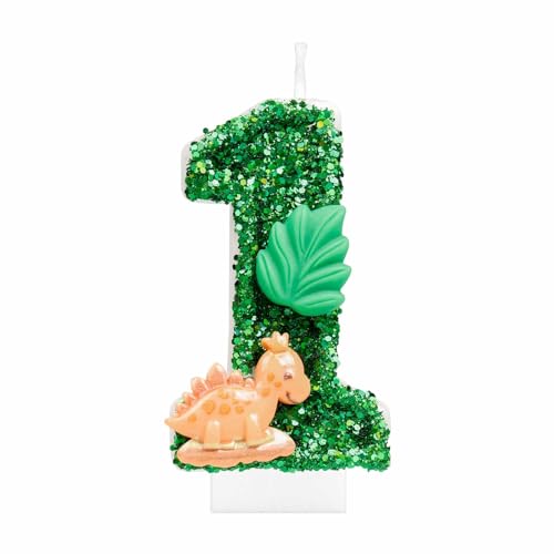 iNINGER Dinosaur Green Birthday Candles,1st Birthday Candles, Number 1 Green Candle, Dinosaur Party Decorations,Sequin 3D Dinosaur Numeral Candle Dino Theme Cake Topper Anniversary Party Decor