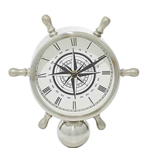 Deco 79 Stainless Steel Ship Wheel Clock With Marble Base, 9" X 3" X 8", Silver #TOP5