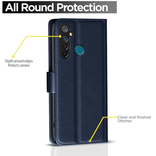 Image of Pikkme Flip Cover Leather Finish | Inside TPU with Card Pockets | Wallet Stand and Shock Proof | Complete Protection Button Flip Case for Realme 5 Pro (Blue)