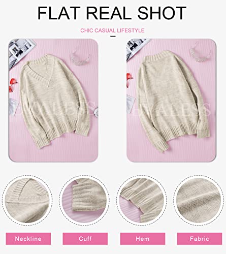 Evaless Sweaters For Women Casual Deep V Neck Long Sleeve Oversized Sweater Fall Cable Knit Solid Color Jumper Loose Tunic Pullover Tops Khaki Medium #TOP4