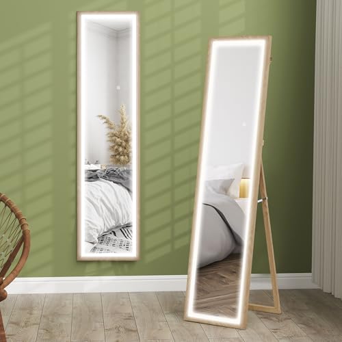 HOMCOM Full Length Mirror with LED Lights, 160 x 40cm Free Standing Mirror with Dimming and 3 Colour Lighting, Leaning or Wall Mounted with Frame for Living Room, Bedroom, Oak