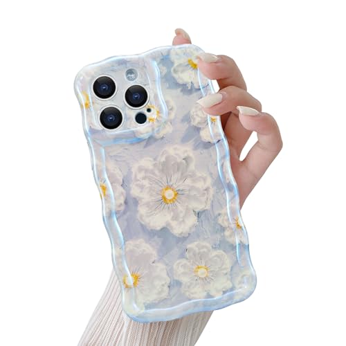 Coque iPhone 15 Pro Max florale et antichoc en silicone TPU ondulé bleu