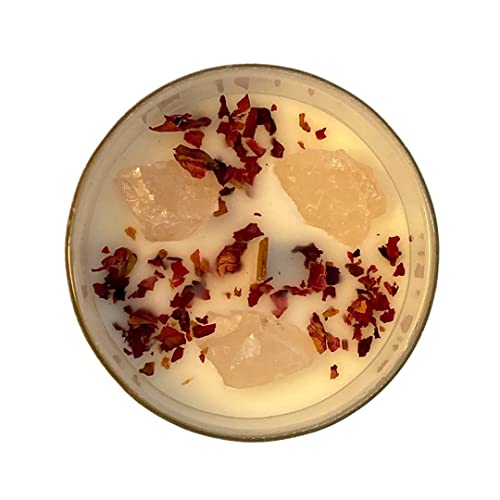 Oseqo Rose Scented Aromatherapy Candle + Rose Quartz Healing Energy Crystals Wellness,Stress Relief,Relaxation, Spiritual Cleansing | 100% All Natural Soy Wax Wood Wick | Large White Jar | Home Decor #TOP1