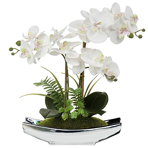 Briful Orchids Artificial Flowers 15' White Phalaenopsis Orchid with Silver Pots Real Touch Faux Orchid Plant for Home Office Living Room Table Decoration