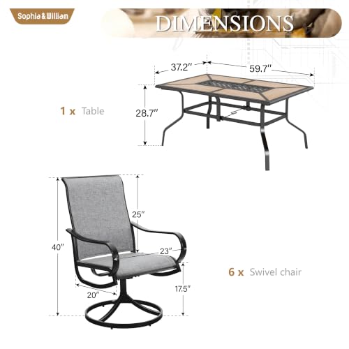 Image of Sophia & William Patio Dining Sets Outdoor Dining Set for 6 Patio Table and Chairs Set 7 Pieces with Swivel Patio Chairs, 60 inchx 37 inch Wood Like Metal Table for Garden Pool All Weather Grey