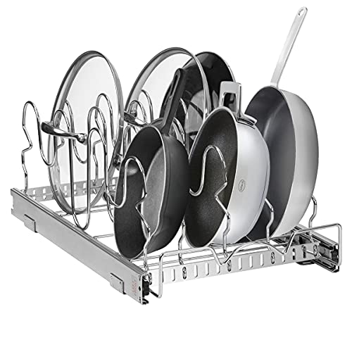 Pull Out Pan Lid Organizer Rack for Cabinet - Pull Out Organizer for Pots, Pans, Lids, Sliding Storage Holder Rack for Kitchen Cabinet -12.5" W X 21â€ D X 8" H - Heavy Duty Construction, Chrome