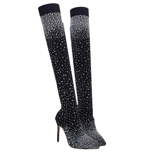 Sexy Thigh High Boots for Women Stretch Over The Knee Rhinetsone Boots Glitter Pointed Toe Diamond Stiletto High Heels Long Sexy Boots Sparkly Ladies Party Dress Boots