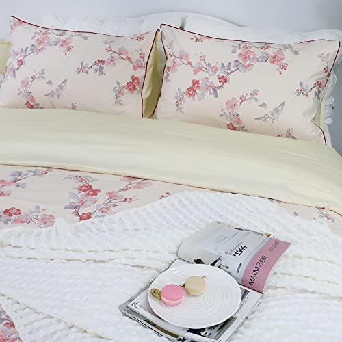 Brandream Garden Floral Duvet Quilt Cover Asian Porcelain Style Chinoiserie Cherry Tree Blossom and Birds Red and White Watercolor Pattern 800tc Cotton Percale Bedding Set 3PC (King,Cream Red)