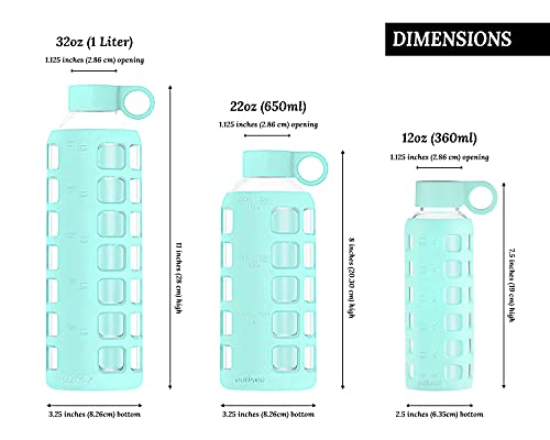 purifyou Premium 40/32 / 22/12 oz Glass Water Bottles with Volume & Times to Drink, Silicone Sleeve & Stainless Steel Lid Insert, Reusable Bottle for Fridge Water, Juice (22oz Glow in the Dark)