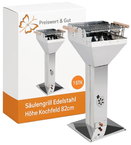 Säulengrill Holzkohle 82 cm Höhe Holzkohlegrill Edelstahl mit verstellbarem Verchromtem Grillrost 36 5x36 5 cm Standgrill verwendbar als Feuerschale Kohlegrill