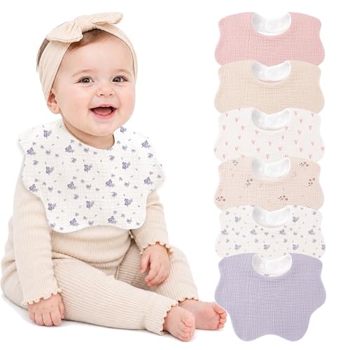 Image of Bearmoss Muslin Baby Bibs for Drooling & Teething Cotton Drool Bib 6 Pack | Soft Absorbent Adjustable Bibs for Unisex Boys and Girls,Easy to Clean for Infant,Toddler, Newborn,Wider design,0-36 Months