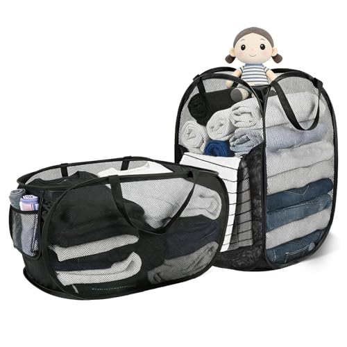 2 Pcs Large Pop Up Laundry Baskets 7075L Collapsible Mesh Hampers Black