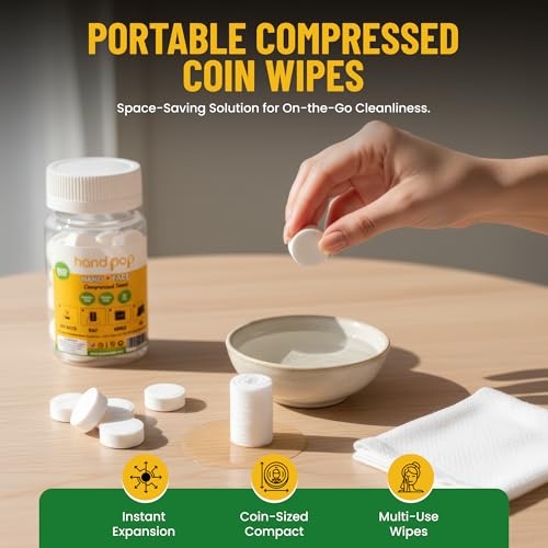 Image of 20 PCS Coin Compressed Wipes - Portable Mini Coin Tablets for Travel, Camping, Outdoor, Face and Hand Wipes - Expandable Water-Activated Disposable for Men and Women