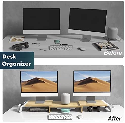 Fenge Dual Monitor Stand, 3 Shelf Adjustable Length and Angle, 107cm Desk Organizer with Removable Slot Drawer, Tablet Phone Holder, Computer Laptop Riser Desk for 2 Monitors, Oak