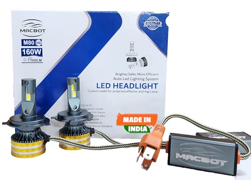 MACBOT H4/H19 Type LED Headlight Bulb 160 Watt M80-H4, with 2-Year Replacement Warranty - Made in India for Cars (80 Watt Each Bulb) Super Bright White Light, Easy Installation