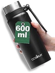 Cosumy Botella Termica para Llevar Negra - Acero i...: Doble pared: botella aislada para niños con práctico tapón de rosca. Material: acero inoxidable. Dimensiones: altura: 18,5 cm. Diámetro: 8 cm. Peso: 0,4 kg. Color: negro. Capacidad: máx. 0,63 litros Completamente a prueba de fugas: esencial para viaj...