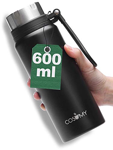 Cosumy Botella Termica para Llevar Negra - Acero inoxidable - 600 ml - Mantiene el Liquido Caliente - Termo para Cafe