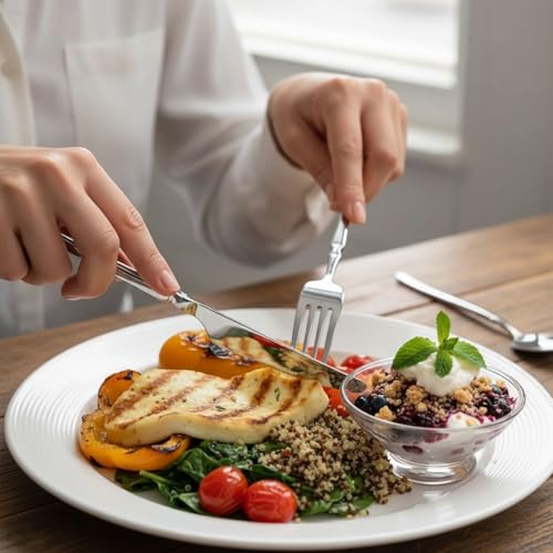 Image of 8 Pcs Silver Slim Handle Stainless Steel Cutlery Set for Dining Table with Spoons and Forks Set + Butterknives - The Perfect Tableware /Flatware