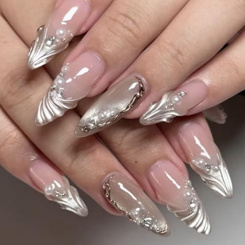 IMRAIN Cat Eye Press on Nails Almond Medium, Handmade 3D Chrome Silver Wave | Glossy Acrylic Fake Nails Reusable Full Cover Glue on Nails 24Pcs