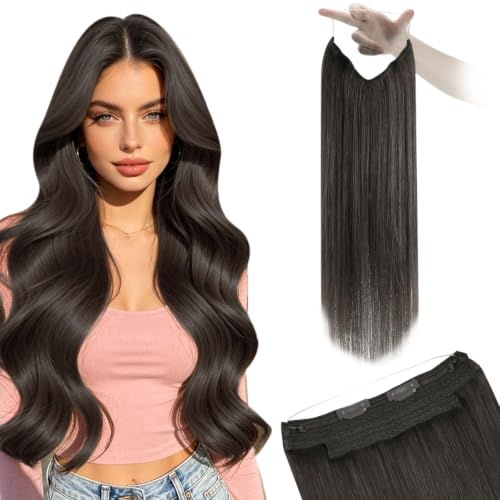 Image of YoungSee Invisible Wire Hair Extensions Real Human Hair Mocha Brown, 85G 14 Inch Wire Human Hair Extensions, Mocha Brown for Natural Look, Fish Line Hair Extension for Women