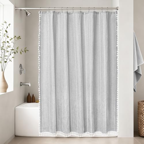 Seenus Boho Chic Shower Curtain Heavyweight with Tassels, Grey Linen Textured Soft Fabric Farmhouse Shower Curtain Water Repellent, 72 x 72 Inch Elegant Gray Striped Bathroom Curtain Wrinkle-Resistant by Seenus - Used condition - Image 6
