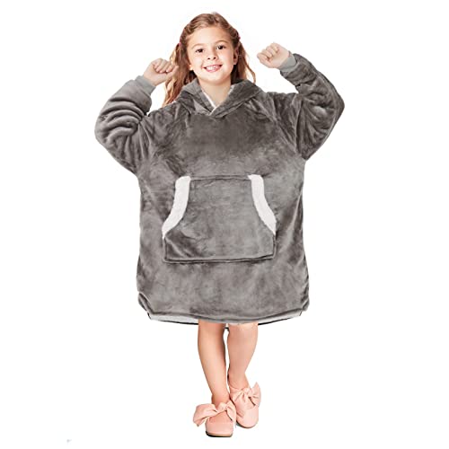 Sivio Wearable Blanket Hoodie Reversible Sweatshirt Soft Fluffy Fleece & Sherpa with Giant Pocket and Soft Elastic Cuffs for Kids, Grey