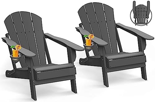 GREENVINES Folding Adirondack Chairs Set of 2, HDPE All-Weather Fire Pit Chairs with Cup Holder, Plastic Campfire Chair for Deck Backyard Patio Outdoor Poolside Porch Lawn Outside, Grey