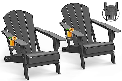 Greenvines Folding Adirondack Chairs Set Of 2, Hdpe All-Weather Fire Pit Chairs With Cup Holder, Plastic Campfire Chair For Deck Backyard Patio Outdoor Poolside Porch Lawn Outside, Grey #TOP7