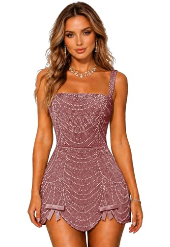 TTYBridal Pearl Beaded Prom Dresses Sparkly Sequin Cocktail Party Gowns Mini Formal Evening Dress for Women with Bow Trim Dusty Rose 4
