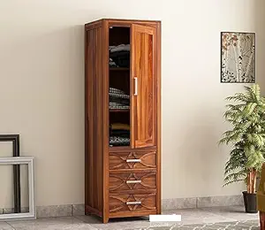 BedCult Furniture Wooden Wardrobe 1 Door for Clothes - 12 Month Warranty - Sheesham Wood Almirah - Large Cupboard Storage Cabinet for Living Room & Bedroom (1 Door, Design 17)