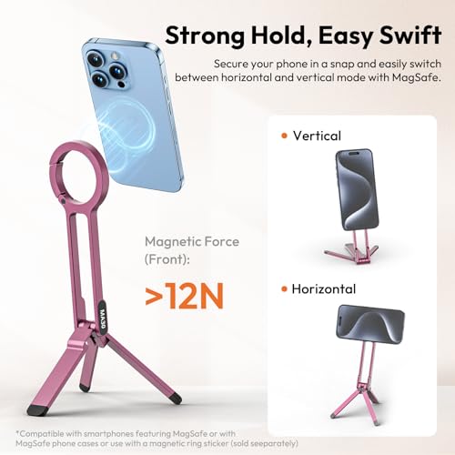 Image of ULANZI MA30 Magnetic Phone Tripod Stand for iPhone - Aluminium Maglock Smartphone Mini Tripod Pocket Cell Phone Stand Strong Magnet Quick Mount Compatible with iPhone 16 15 14 13 12 Series, Pink